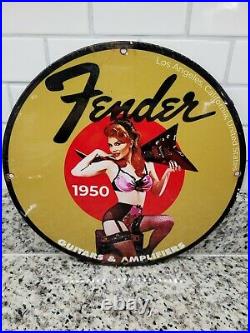 Vintage Fender Porcelain Metal Sign Guitar Amplifier Music Instrument Gas Oil
