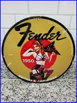 Vintage Fender Porcelain Metal Sign Guitar Amplifier Music Instrument Gas Oil