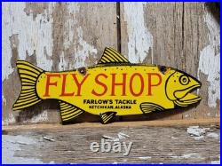 Vintage Fish Porcelain Sign Old Fly Shop Farlows Tackle Ketchikan Alaska Salmon