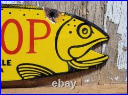 Vintage Fish Porcelain Sign Old Fly Shop Farlows Tackle Ketchikan Alaska Salmon