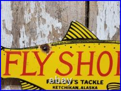 Vintage Fish Porcelain Sign Old Fly Shop Farlows Tackle Ketchikan Alaska Salmon