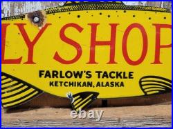 Vintage Fish Porcelain Sign Old Fly Shop Farlows Tackle Ketchikan Alaska Salmon