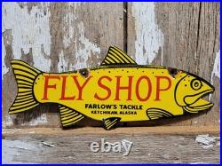 Vintage Fish Porcelain Sign Old Fly Shop Farlows Tackle Ketchikan Alaska Salmon