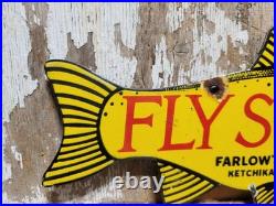 Vintage Fish Porcelain Sign Old Fly Shop Farlows Tackle Ketchikan Alaska Salmon