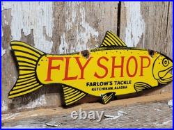 Vintage Fish Porcelain Sign Old Fly Shop Farlows Tackle Ketchikan Alaska Salmon