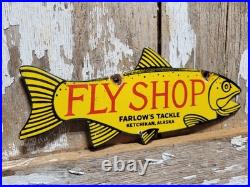 Vintage Fish Porcelain Sign Old Fly Shop Farlows Tackle Ketchikan Alaska Salmon