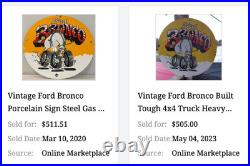 Vintage Ford Bronco Suv Horse Wheels 11 3/4 Porcelain Metal Gasoline Truck Sign