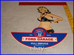 Vintage Ford Genuine Parts Full Service Garage Woman Metal Car Gasoline Oil Sign