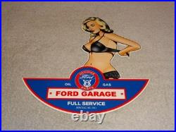Vintage Ford Genuine Parts Full Service Garage Woman Metal Car Gasoline Oil Sign