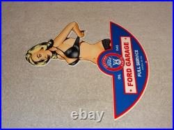 Vintage Ford Genuine Parts Full Service Garage Woman Metal Car Gasoline Oil Sign
