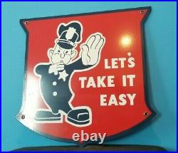 Vintage Ford Policeman Let's Take It Easy Metal Porcelain Auto Service Pump Sign
