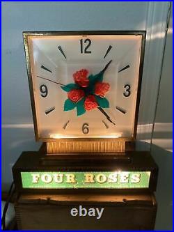 Vintage Four Roses Whiskey Advertising Metal Light Up Bar Clock Sign
