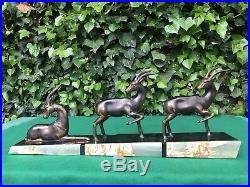 Vintage French Art Deco Bronze Marble Onyx Antelope Statue Sculpture Signed