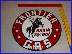 Vintage Frontier Gasoline Wainoco Oil Cowboy+ Horse 11 3/4 Porcelain Metal Sign