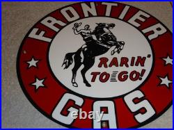 Vintage Frontier Gasoline Wainoco Oil Cowboy+ Horse 11 3/4 Porcelain Metal Sign