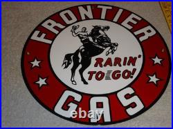 Vintage Frontier Gasoline Wainoco Oil Cowboy+ Horse 11 3/4 Porcelain Metal Sign