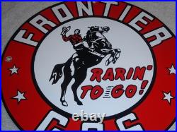 Vintage Frontier Gasoline Wainoco Oil Cowboy+ Horse 11 3/4 Porcelain Metal Sign