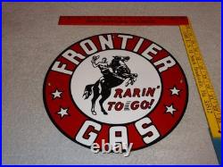 Vintage Frontier Gasoline Wainoco Oil Cowboy+ Horse 11 3/4 Porcelain Metal Sign