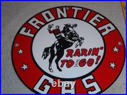 Vintage Frontier Gasoline Wainoco Oil Cowboy+ Horse 11 3/4 Porcelain Metal Sign