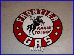 Vintage Frontier Gasoline Wainoco Oil Cowboy+ Horse 11 3/4 Porcelain Metal Sign
