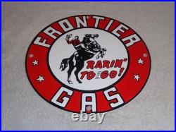 Vintage Frontier Gasoline Wainoco Oil Cowboy+ Horse 11 3/4 Porcelain Metal Sign