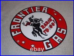 Vintage Frontier Gasoline Wainoco Oil Cowboy+ Horse 11 3/4 Porcelain Metal Sign