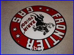 Vintage Frontier Gasoline Wainoco Oil Cowboy+ Horse 11 3/4 Porcelain Metal Sign