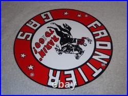 Vintage Frontier Gasoline Wainoco Oil Cowboy+ Horse 11 3/4 Porcelain Metal Sign