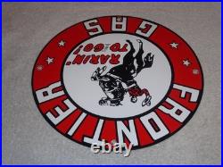 Vintage Frontier Gasoline Wainoco Oil Cowboy+ Horse 11 3/4 Porcelain Metal Sign