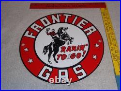 Vintage Frontier Gasoline Wainoco Oil Cowboy+ Horse 11 3/4 Porcelain Metal Sign