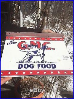 Vintage GMC Dog Food Metal Flange Sign With Gr8 Springer Dog Pet Graphic Man Cave