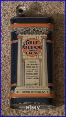 Vintage GULF GLEAM Liquid Gloss Clean/Polish Oil Can Metal Gas Sign FULLRARE