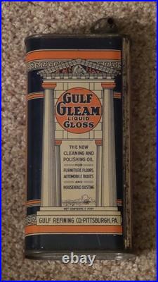 Vintage GULF GLEAM Liquid Gloss Clean/Polish Oil Can Metal Gas Sign FULLRARE