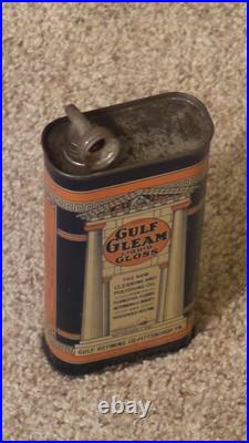 Vintage GULF GLEAM Liquid Gloss Clean/Polish Oil Can Metal Gas Sign FULLRARE