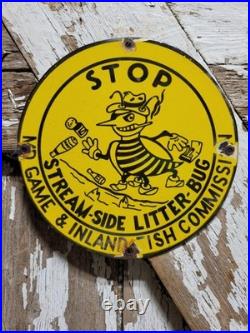 Vintage Game Fish Commission Porcelain Sign Old Stop Littering No Litter Bee