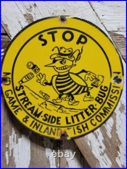 Vintage Game Fish Commission Porcelain Sign Old Stop Littering No Litter Bee