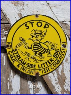 Vintage Game Fish Commission Porcelain Sign Old Stop Littering No Litter Bee
