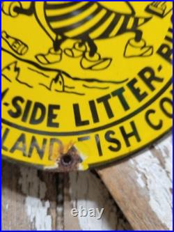 Vintage Game Fish Commission Porcelain Sign Old Stop Littering No Litter Bee