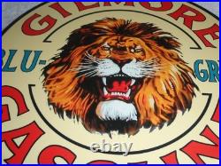 Vintage Gilmore Blu-green Gasoline Lion Growls 11 3/4 Porcelain Metal Oil Sign