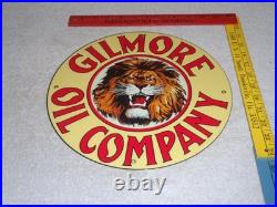 Vintage Gilmore Oil Company Lion Growling 11 3/4 Porcelain Metal Gasoline Sign