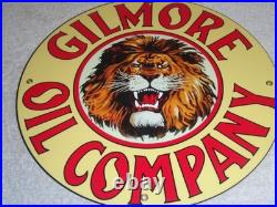 Vintage Gilmore Oil Company Lion Growling 11 3/4 Porcelain Metal Gasoline Sign