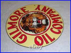 Vintage Gilmore Oil Company Lion Growling 11 3/4 Porcelain Metal Gasoline Sign