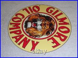 Vintage Gilmore Oil Company Lion Growling 11 3/4 Porcelain Metal Gasoline Sign
