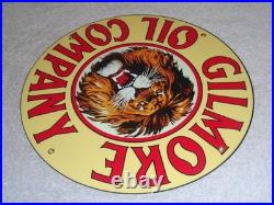 Vintage Gilmore Oil Company Lion Growling 11 3/4 Porcelain Metal Gasoline Sign