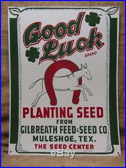 Vintage Good Luck Seed Feed Sign Muleshoe Texas Antique Farm Metal Horse 9236
