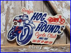 Vintage Goofy Porcelain Sign Old Hog Hounds Cycle Clu Motorcycle Disney Cartoon