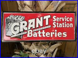Vintage Grant Batteries Embossed Metal Sign Stamped Porcelain Service Station