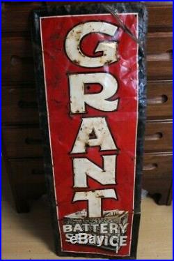 Vintage Grant Battery Service embossed metal sign dated 1952 gas oil soda auto