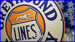 Vintage Greyhound Porcelain Metal Ad Gas Auto Bus Stop Lines Service Sign