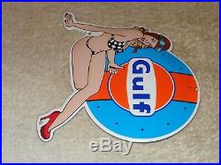 Vintage Gulf Gasoline Bikini Pin Up Model! 7 Porcelain Metal Car Gas & Oil Sign